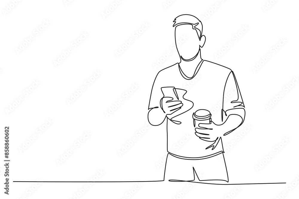 Continuous one line drawing of young active male typing chat message on smart phone to his business partner while holding cup of tea. Business deal. Single line draw design vector graphic illustration Continuous one line drawing of young active male typing chat message on smart phone to his business partner while holding cup of tea. Business deal. Single line draw design vector graphic illustration