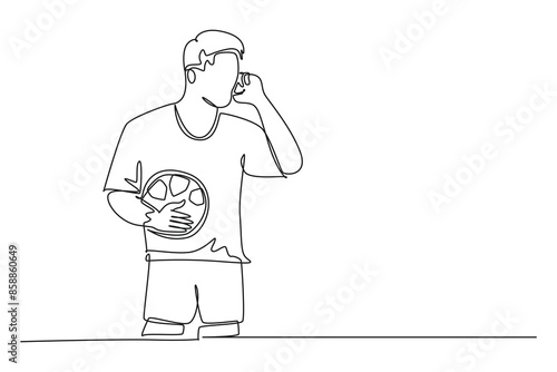 Continuous one line drawing of soccer player holding football ball and talking with his coach with smartphone. Mobile sport play match. Soccer game. Single line draw design vector graphic illustration