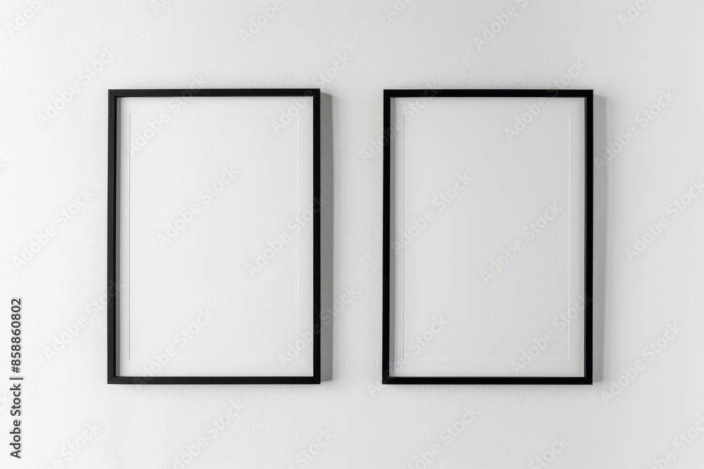 Two blank picture frames with black borders are positioned side by side on a white wall, offering a perfect mockup for showcasing artwork or photos Two blank picture frames with black borders are positioned side by side on a white wall, offering a perfect mockup for showcasing artwork or photos