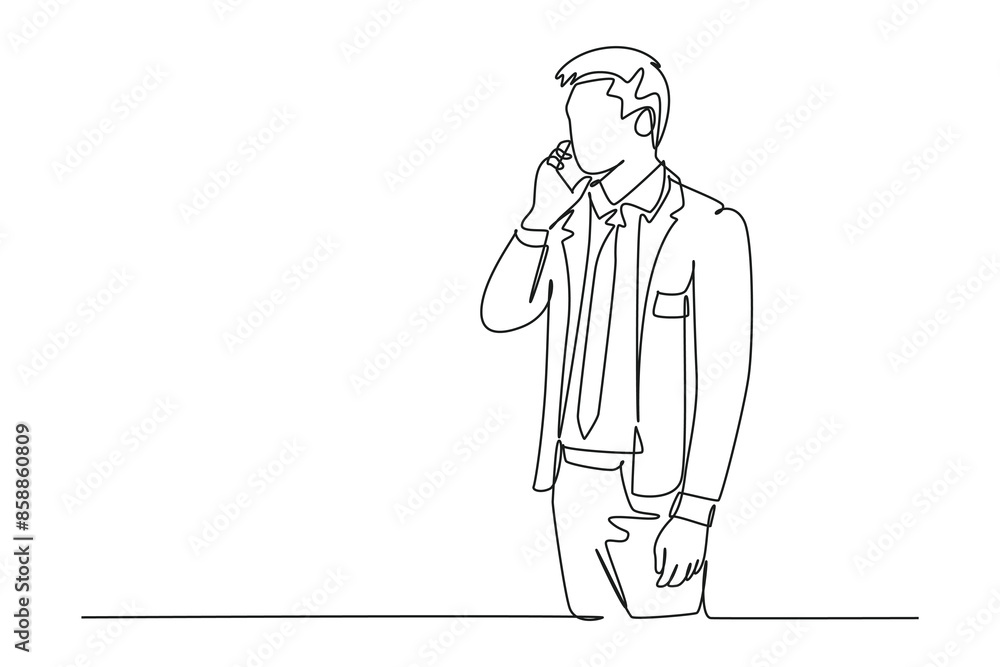 Single one line drawing young male business owner get a phone call from supplier to tell supply delivery schedule. Business call concept. Modern continuous line draw design graphic vector illustration Single one line drawing young male business owner get a phone call from supplier to tell supply delivery schedule. Business call concept. Modern continuous line draw design graphic vector illustration