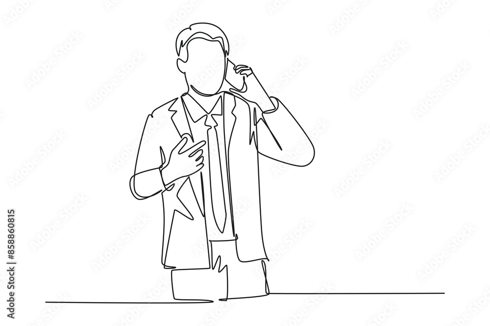 Obraz premium Single one line drawing of young startup CEO standing and holding a smartphone to call colleague asking for business agreement. Business chat. Continuous line draw design graphic vector illustration