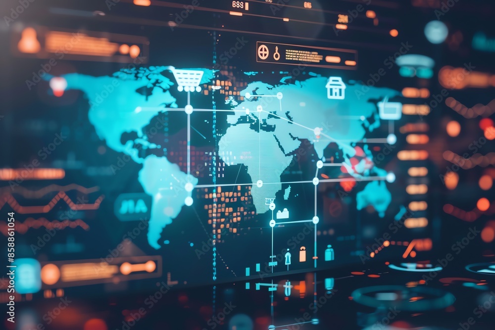 A digital world map with connected lines and data points, representing global network and data exchange. A digital world map with connected lines and data points, representing global network and data exchange.