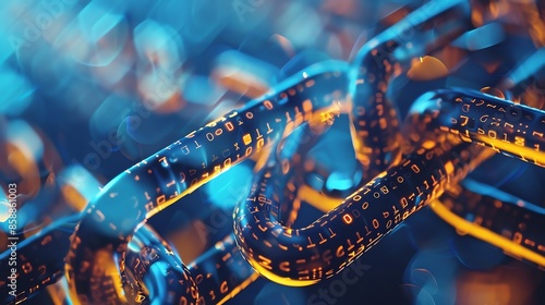 A close-up of a metallic chain with digital code embedded in its links, set against a vibrant blue and orange background.