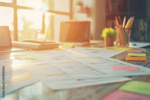 A desk with papers, a laptop, and office supplies in a well-lit room. Sunlight streams through the window.