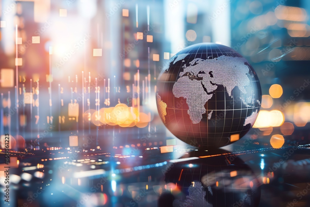A globe sits in front of a cityscape, representing global connectivity and modern technology. A globe sits in front of a cityscape, representing global connectivity and modern technology.