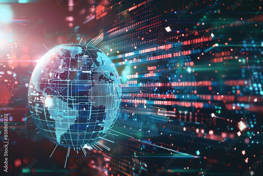 A glowing digital globe surrounded by streams of data, representing global connectivity and digital transformation. A glowing digital globe surrounded by streams of data, representing global connectivity and digital transformation.