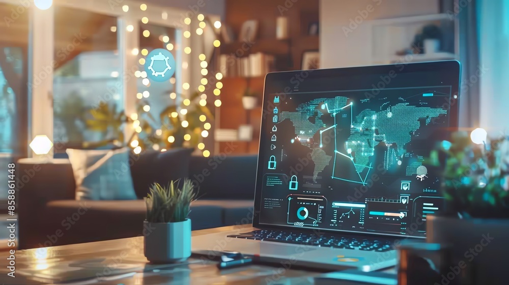 A laptop displaying a world map with data visualizations sits on a table in a cozy living room. A laptop displaying a world map with data visualizations sits on a table in a cozy living room.