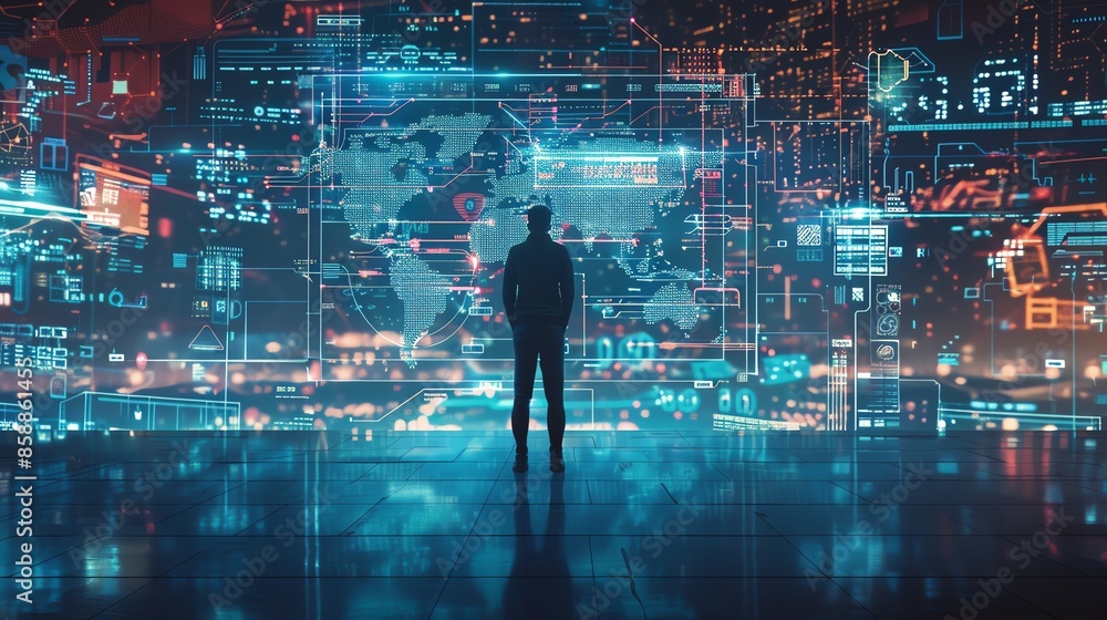 A lone figure stands amidst a glowing, digital landscape, representing the vastness and potential of the digital world. A lone figure stands amidst a glowing, digital landscape, representing the vastness and potential of the digital world.