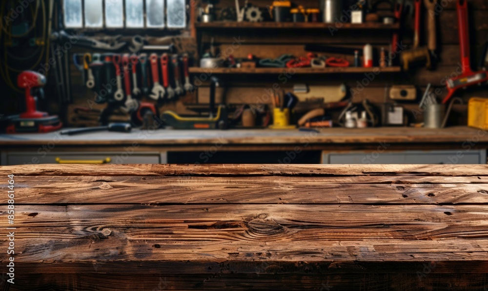 Empty wooden surface on a blurred background of the garage or home workshop. empty metal workbench on the background of a storage Mock-up of a showcase for demonstrating products and tools. Copy space Empty wooden surface on a blurred background of the garage or home workshop. empty metal workbench on the background of a storage Mock-up of a showcase for demonstrating products and tools. Copy space