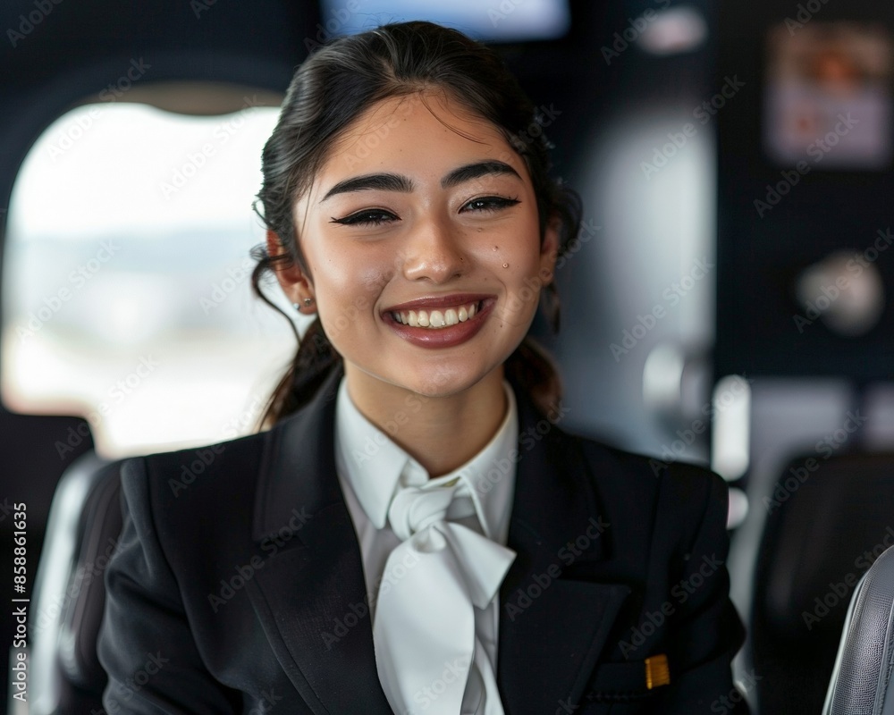 A young beautiful stewardess in the background of the aircraft cabin. A young employee, a novice specialist, professional. Labor day concept. Banner for travel agency.