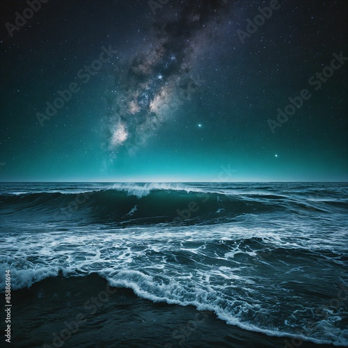 Photograph of waves under starry milky way night sky © Jason