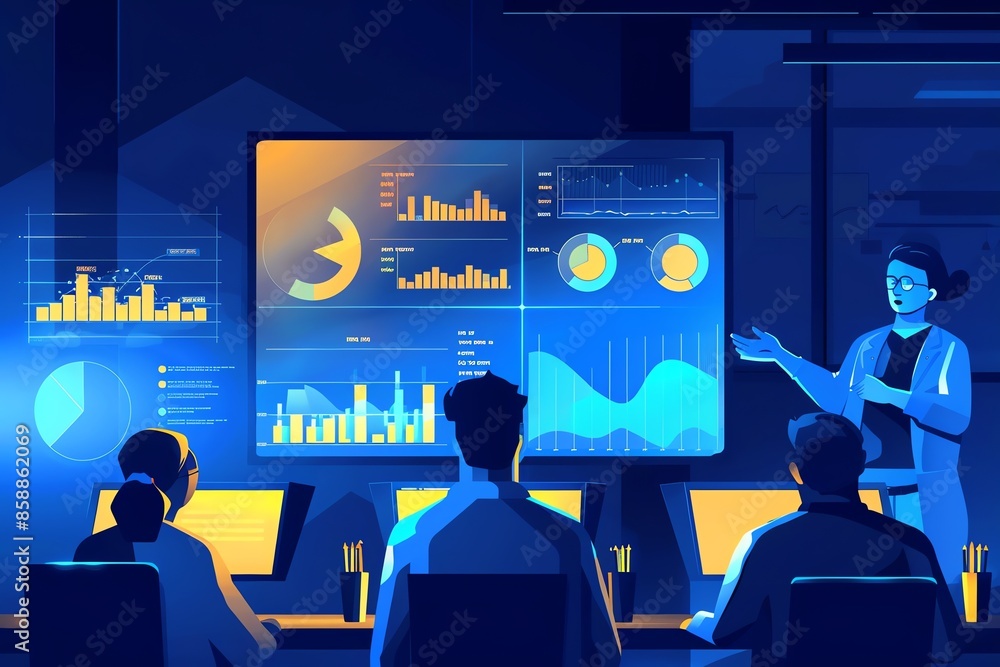 A woman presenting data and analytics to a team of colleagues in a futuristic office setting.