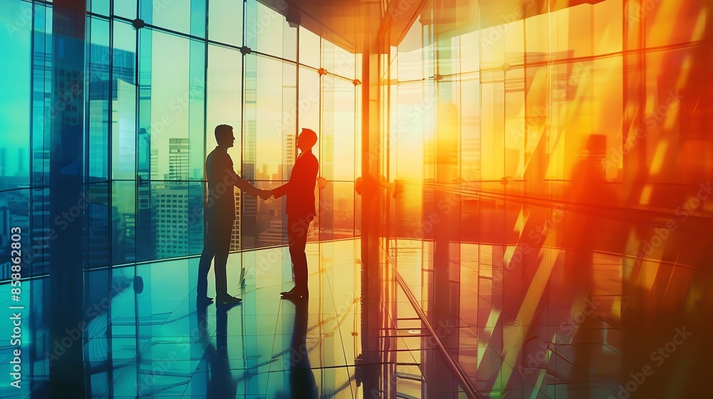 Silhouettes of two businessmen shaking hands in a modern office building with a cityscape background. Silhouettes of two businessmen shaking hands in a modern office building with a cityscape background.