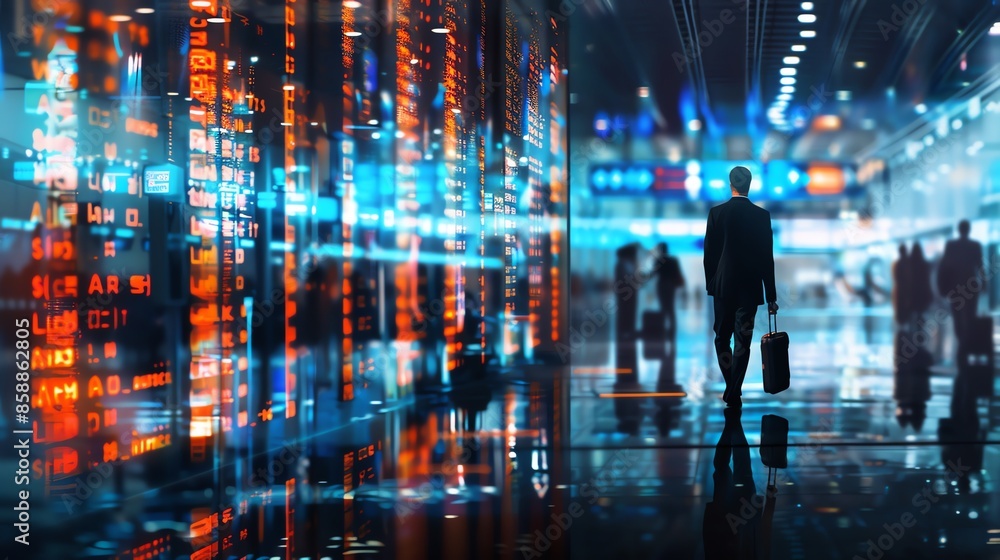 Silhouettes of people walking through a futuristic cityscape illuminated by vibrant neon lights. Silhouettes of people walking through a futuristic cityscape illuminated by vibrant neon lights.