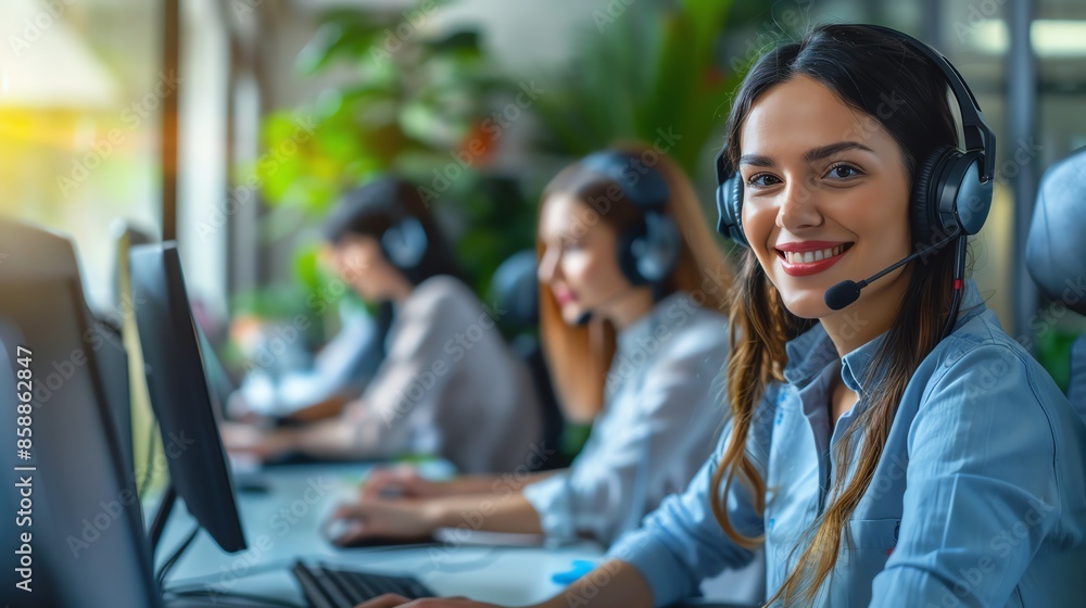 Smiling customer service representative wearing headset and looking at camera.  Team of agents working in office.