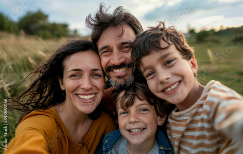 A happy family of four taking a selfie in the park, the mother with long hair and brown eyes wearing a jeans shirt © Kien