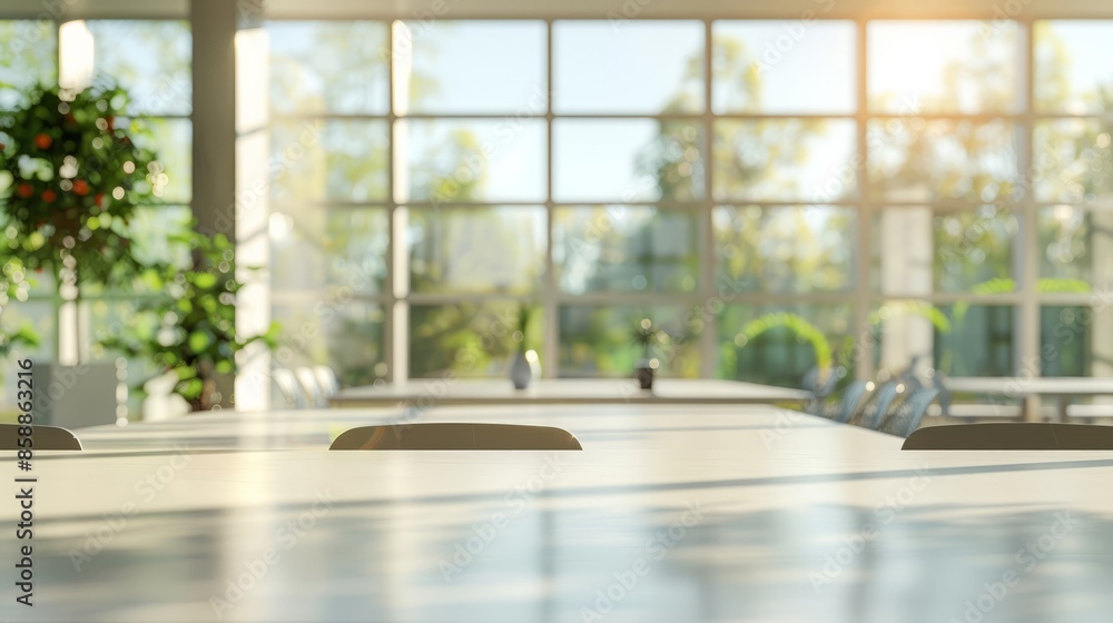 Fototapeta premium A modern office interior with a blurred background, white desk and glass wall, blurred focus on an open space or conference room table