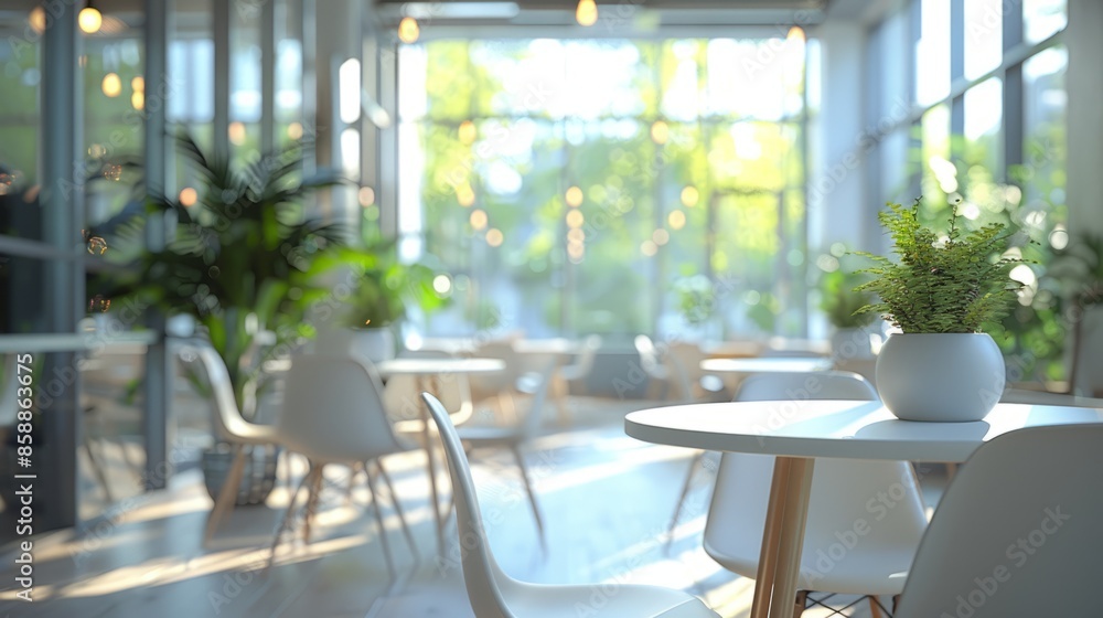Fototapeta premium A modern office interior with a blurred background, white desk and glass wall, blurred focus on an open space or conference room table