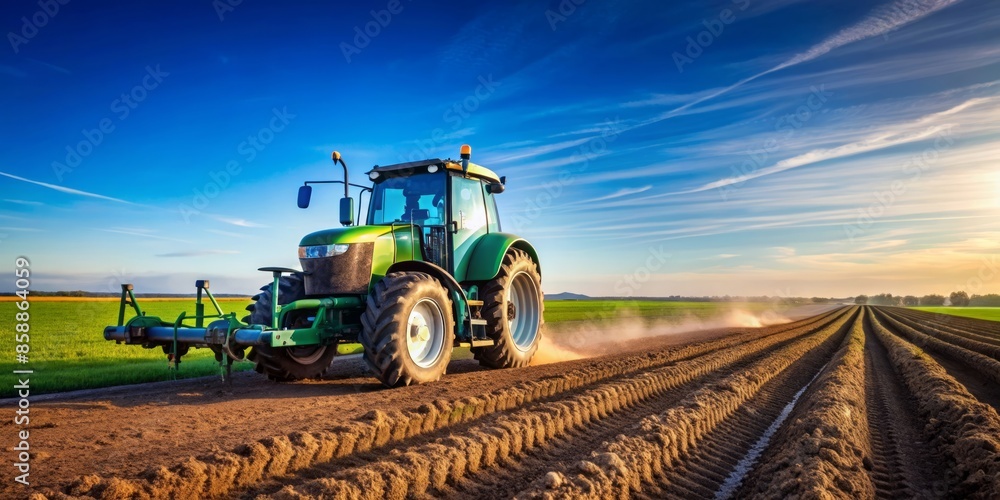 Fototapeta premium Green Tractor Cultivating a Field at Sunset