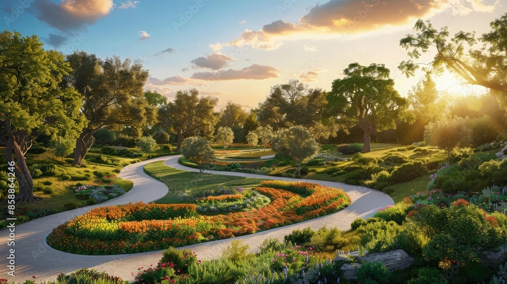 Fototapeta premium A panoramic view from a luxury room overlooking an expansive summer garden with winding paths, ancient oak trees, and vibrant flower patches under the warm sun.