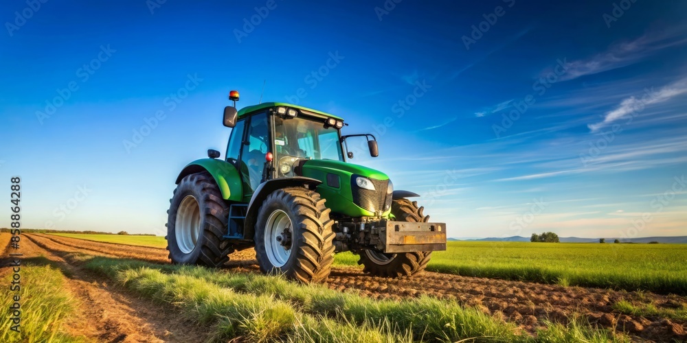Fototapeta premium Green Tractor on a Rural Field at Sunset