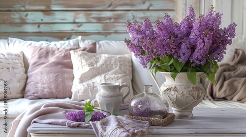 Home comfort and decor with lilac bouquet in Provence style country house