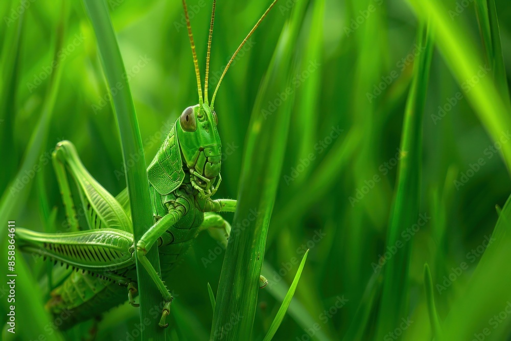 A sleek grasshopper camouflaged among emerald green blades of grass. A sleek grasshopper camouflaged among emerald green blades of grass.