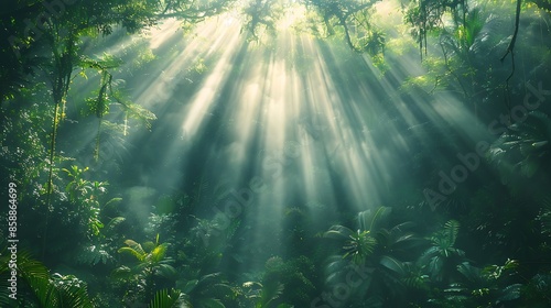 A dense forest floor covered with a variety of green leaves, with sunlight filtering through the canopy, creating a bright and lush atmosphere.