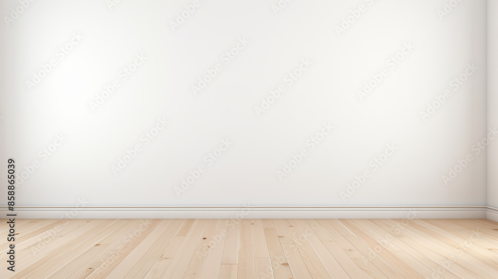 A simple white wall with light wood flooring. Background wall. A simple white wall with light wood flooring. Background wall.