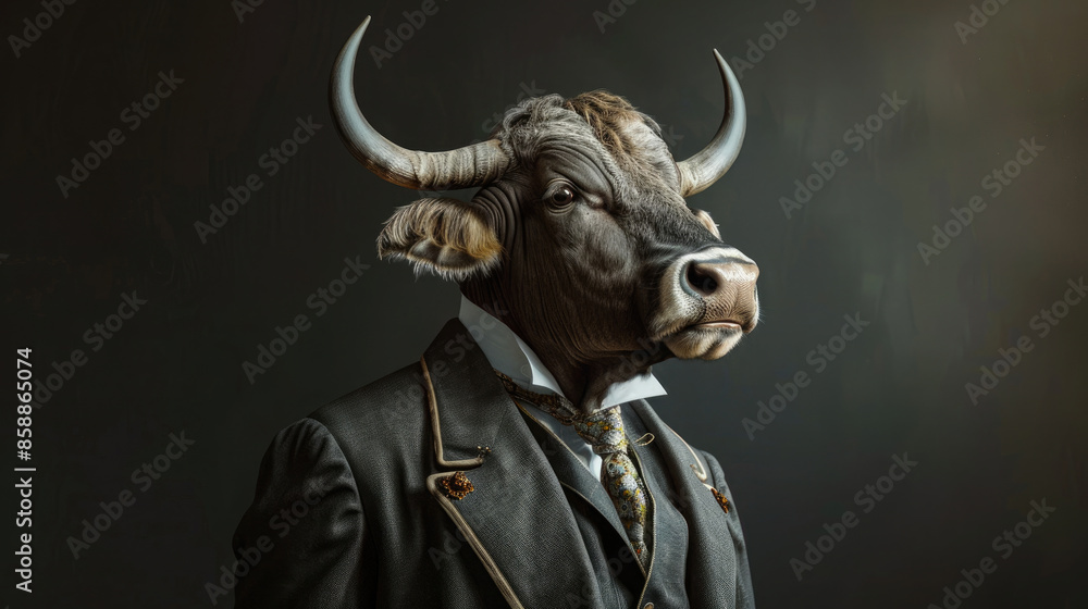 An ox dressed in a classic suit stands confidently against an isolated background, providing ample copy space. The dignified ox exudes timeless elegance, creating a striking and sophisticated image. An ox dressed in a classic suit stands confidently against an isolated background, providing ample copy space. The dignified ox exudes timeless elegance, creating a striking and sophisticated image.