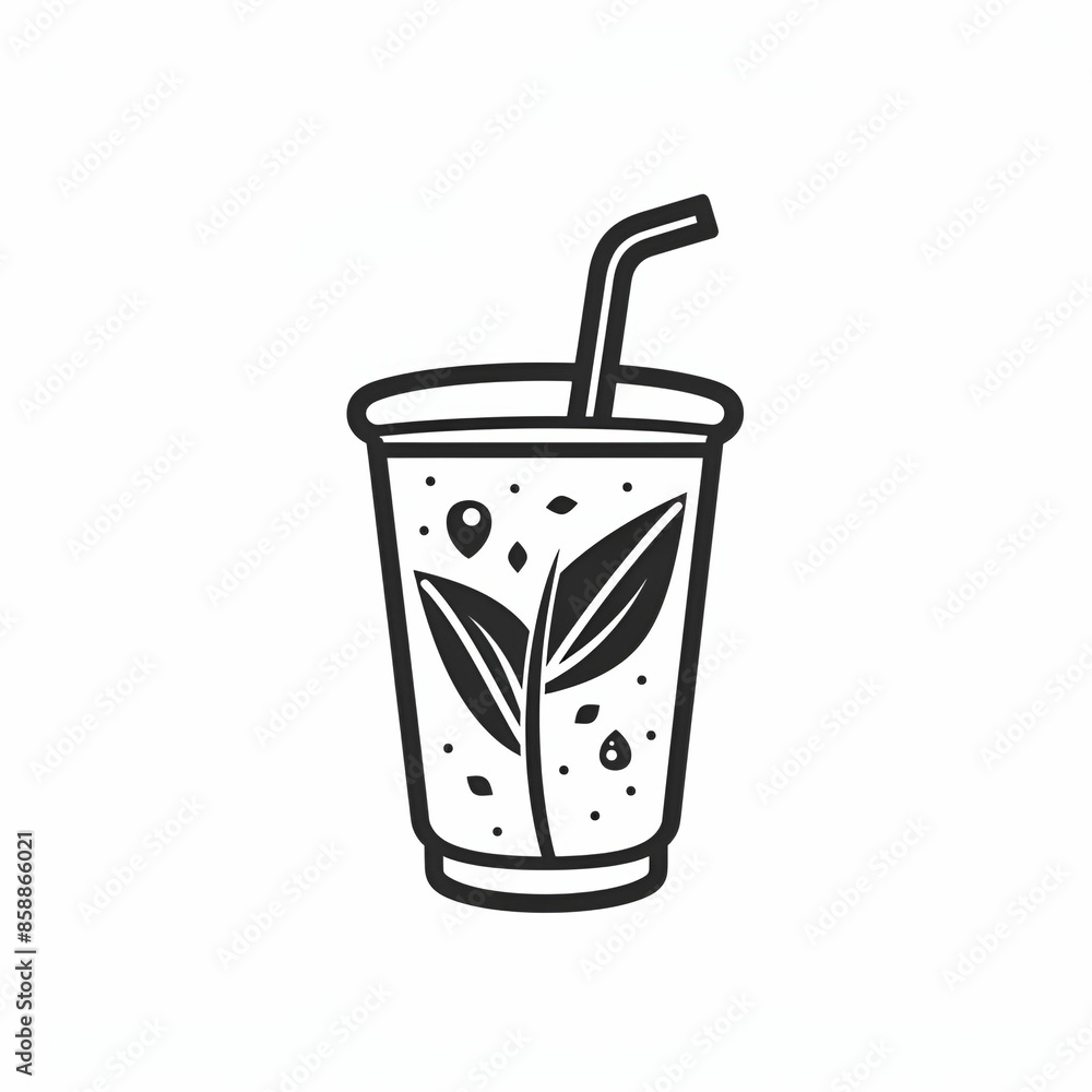 A simple and clean line drawing of a cup with a straw, featuring a leaf design. A simple and clean line drawing of a cup with a straw, featuring a leaf design.