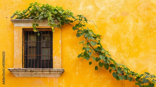 Yellow mexican colonial wall with lush vine plant – authentic rustic architecture background photo