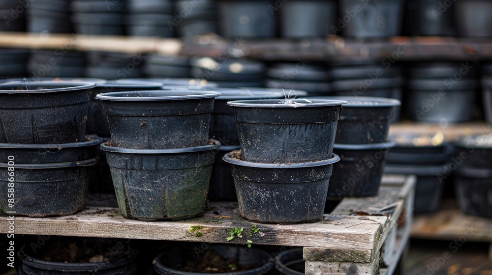 Close up of stacked empty black plastic planter pots on discarded containers Close up of stacked empty black plastic planter pots on discarded containers