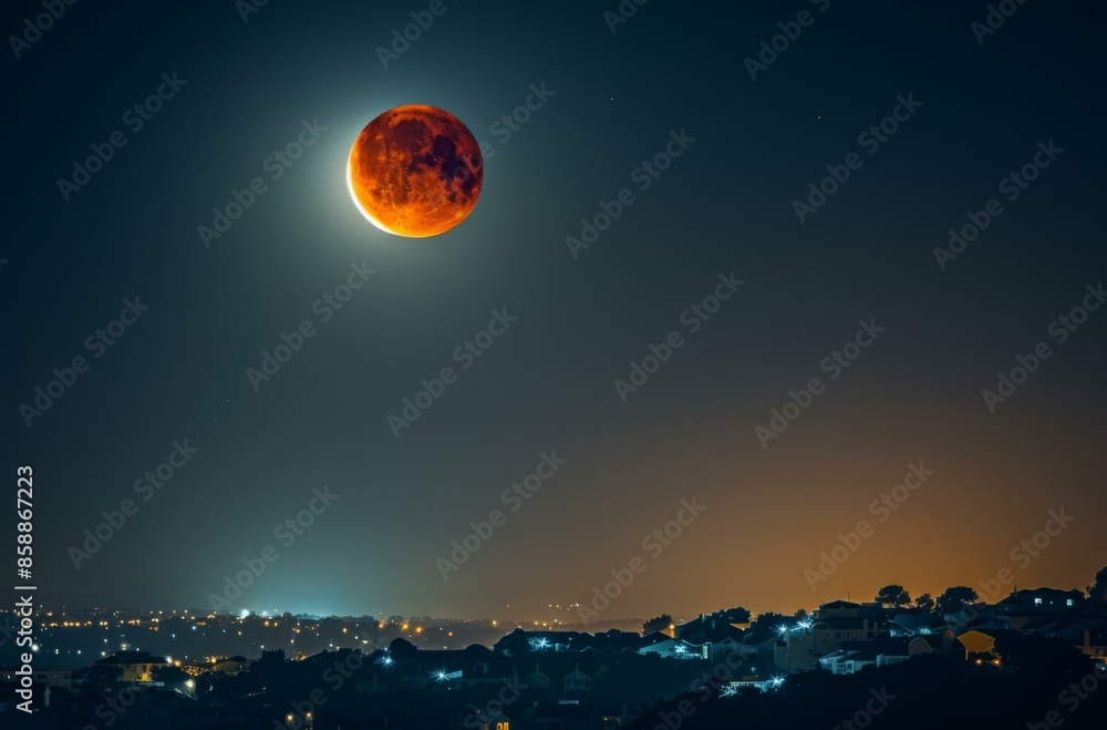 A full moon is seen over a city at night. AI. A full moon is seen over a city at night. AI.