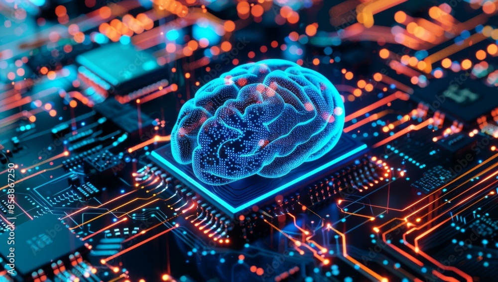 Fototapeta premium A computer chip with a brain on top of it. AI.