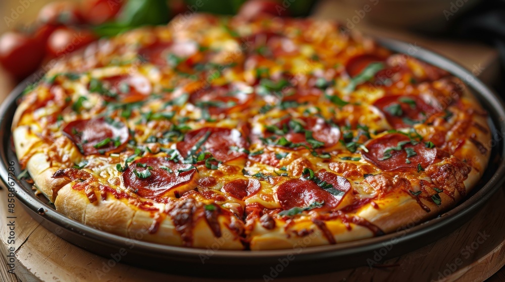 A pizza with pepperoni and cheese on a wooden pan. AI. A pizza with pepperoni and cheese on a wooden pan. AI.