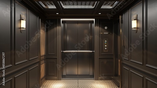 Obraz na płótnie A large, modern elevator with a black and white theme