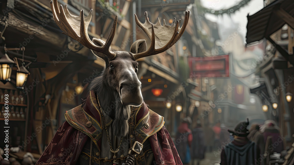 Anthropomorphic moose portrayed as medieval merchant or trader. Regal demeanor amidst historical ambiance.