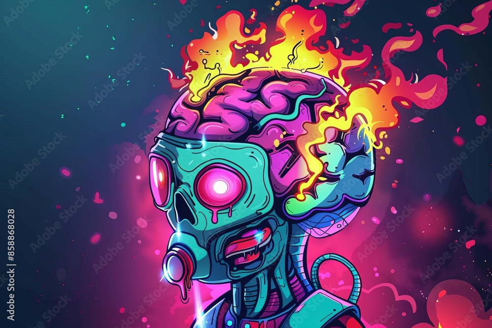 Fototapeta premium Cybernetic brain with glowing elements, futuristic, hightech, digital rendering