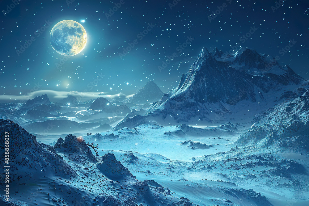 A moon is shining on a snowy mountain range A moon is shining on a snowy mountain range