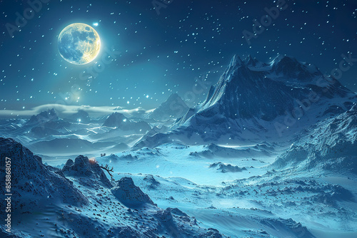 A moon is shining on a snowy mountain range