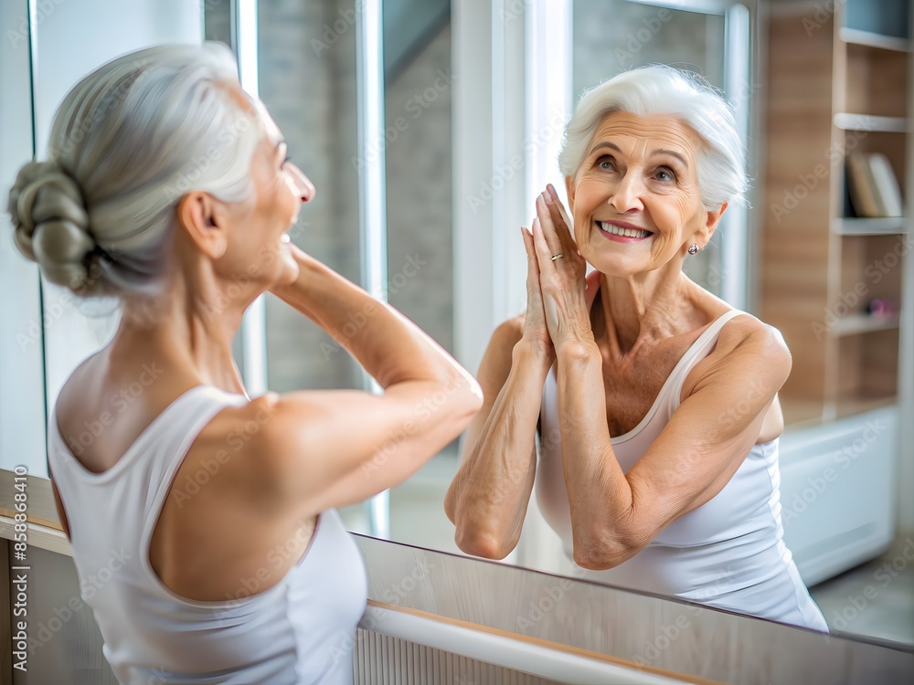 Senior Woman Looking At Herself In The Mirror And Smiling, Happy With Her Appearance. Senior Woman Looking At Herself In The Mirror And Smiling, Happy With Her Appearance.
