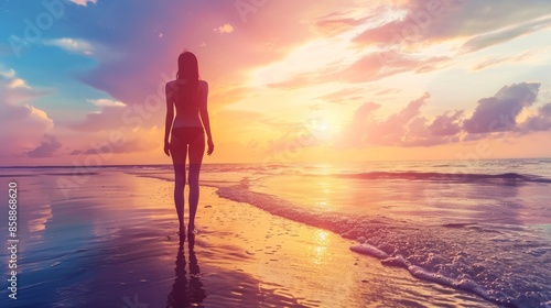 Silhouette of beautiful beach woman on the sunset beach © atipong