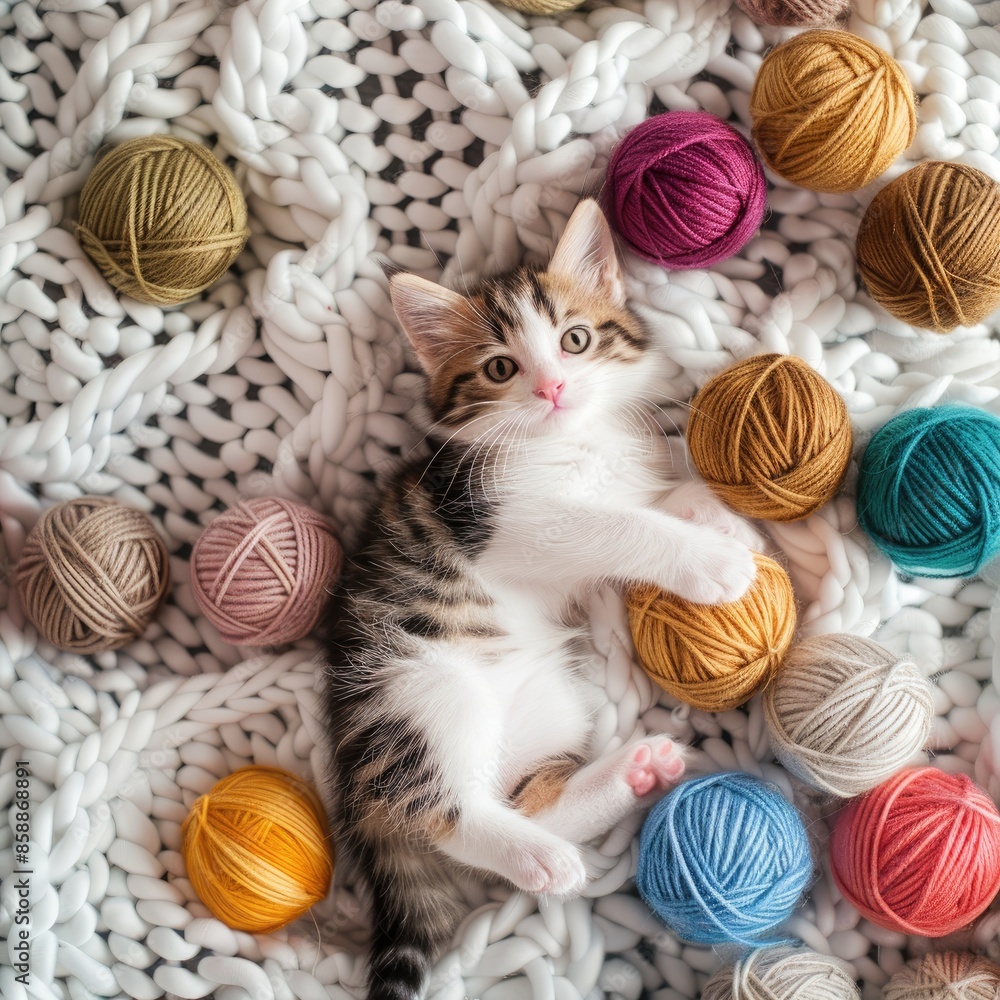 A cute kitten is lying on a soft blanket. Cats are resting, dozing on the bed next to bright wool balls. Pets in a cozy house.
