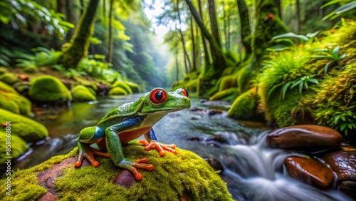 Vibrant rainforest scene in costa rica's parque nacional carara featuring a tiny toad perched on a moss-covered rock in a serene forest stream.,hd, 8k. photo