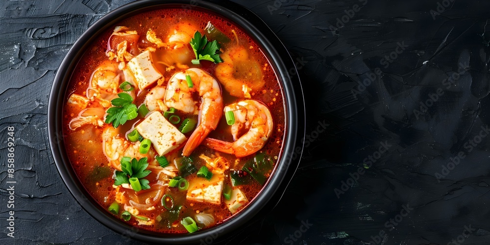Sundubu jjigae is a Korean tofu soup with seafood or meat. Concept Korean cuisine, Tofu dishes, Soup recipes, Seafood meals, Meat dishes Sundubu jjigae is a Korean tofu soup with seafood or meat. Concept Korean cuisine, Tofu dishes, Soup recipes, Seafood meals, Meat dishes