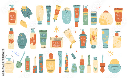Tubes and bottles of sunscreen products with different SPF levels in hand drawn style. Set of anti-UV cream, lotion, spray and stick. Colored flat vector illustration isolated on white background