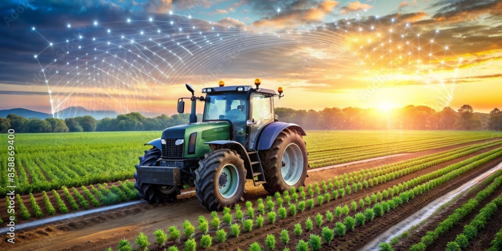 Fototapeta premium Tractor in a Field at Sunset with Network Connection