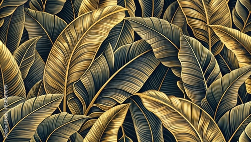 Wallpaper Mural Golden banana leaf line art in luxurious tropical leaf wallpaper design, hand-drawn outline for fabric, print, cover, banner, and invitation, featuring lush nature-inspired vector illustration.,hd,8k. Torontodigital.ca