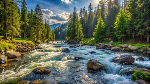 Serene springtime scenery of a rapid mountain river flowing through a lush spruce forest with grassy riverbanks, rocks, and waves crashing over boulders.,hd,8k.
